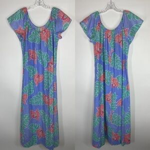 Vintage Hilo Hattie Tropical Hawaiian Blue Floral Maxi Dress Size Large